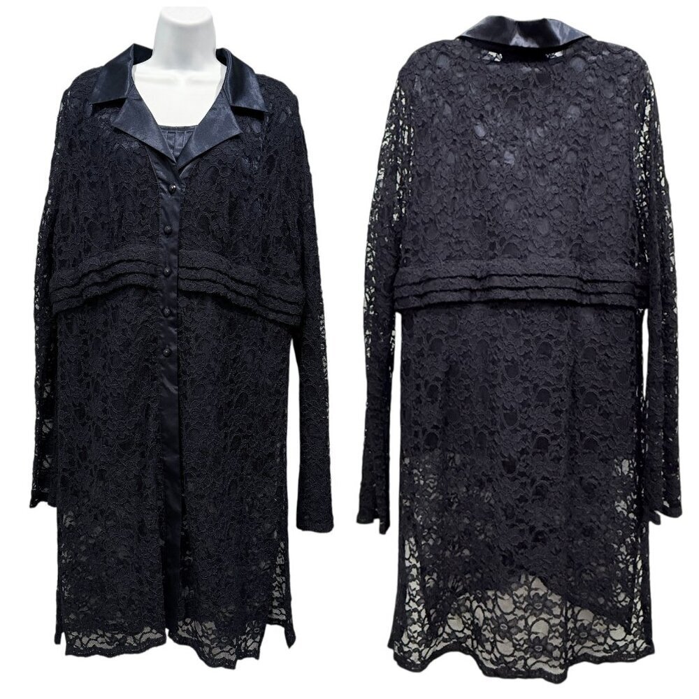 Susan Graver 2 PC Satin & Floral Lace Duster‎ Jacket Event Career Navy XL NEW